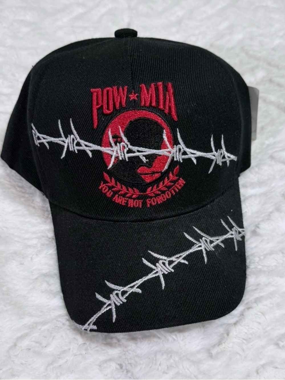 POW•MIA Black Baseball Cap with Red Logo and White Barbed Wire - NWT
